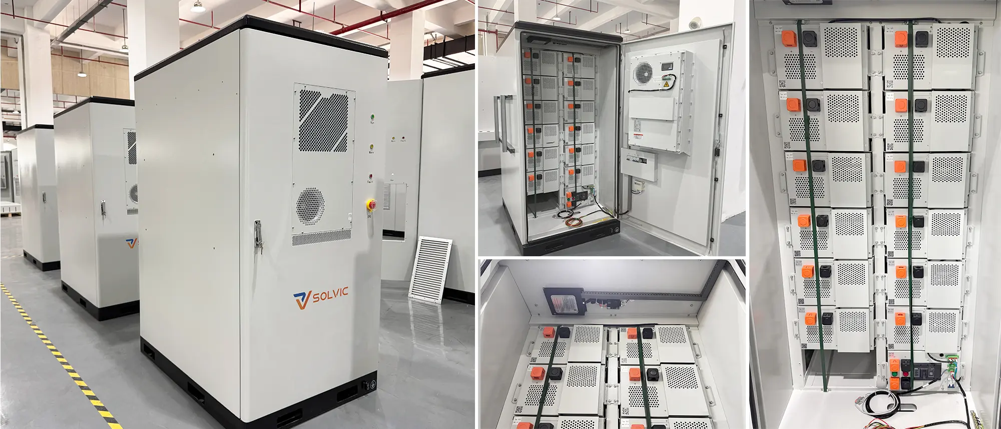 Solvic 144KWH 80KW outdoor battery cabinet factory real photo – actual cabinet appearance on production line, side air cooling vents, front access doors, industrial build quality for commercial energy storage deployment